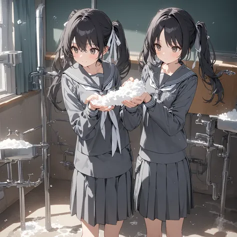 High resolution, 8k, best quality, masterpiece, ultra detailed, anatomically correct, masterpice anime, hentai,
foam, 1girl, (wash own hands:1.5), faucet, own hands together, standing, 15yo,
(black hair), (white ribbons long low tiwntails:1.5), dark brown ...