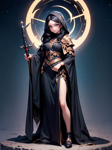 (((masterpiece, best quality, high detailed, 16k))) (1girl) A mysterious woman cloaked in dark robes, her long black hair blending into the night. Her pale, ethereal skin glows faintly under the starry sky, and her eyes are hidden under the hood of her clo...