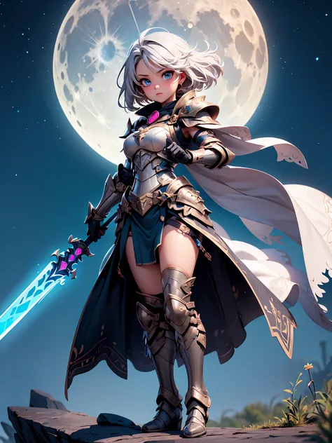 (((masterpiece, best quality, high detailed, 16k))) (1girl) A fierce warrior with short silver hair and glowing blue eyes, wearing light silver armor with a crescent moon emblem on her chest. Her flowing cape trails stardust as she wields a shining spear. ...