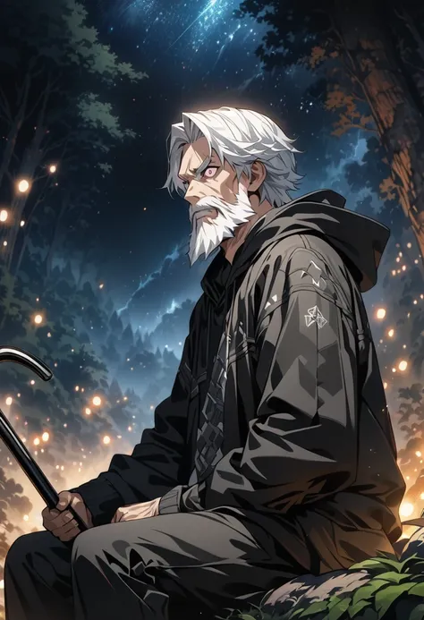 (score up_9, score up_8, score up_7,score up_6,score up_5,score up_4),source_anime, rating_safety,Masterpiece, best quality, hyper detailed, Super fine illustration, 8k,side view,break 1boy,50yo,beard,old,white hair,sharp eyes,perfect eyes,cut,break black ...