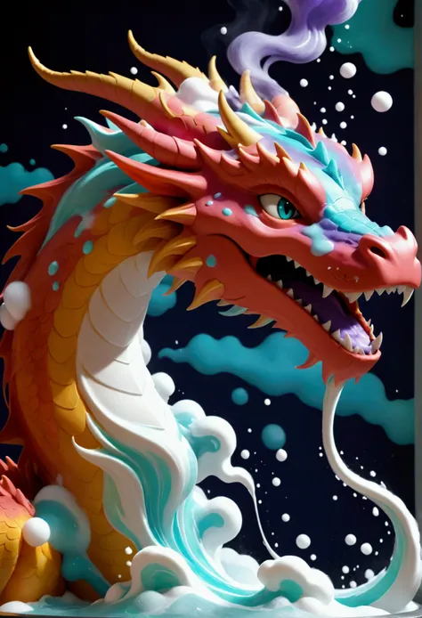 a dragon breathing a epic stream of soaps foam