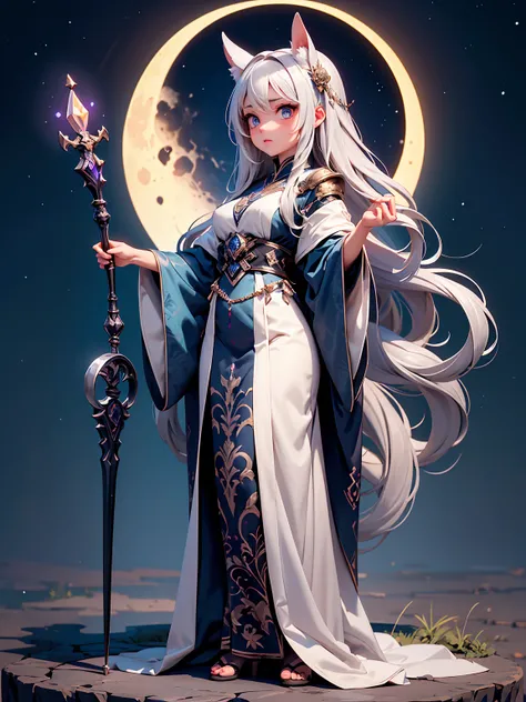 (((masterpiece, best quality, high detailed, 16k))) (1girl) A calm and serene woman with long, flowing dark silver hair, her eyes glowing with the quiet wisdom of the waning moon. She wears a robe adorned with twilight colors, fading from bright silver to ...