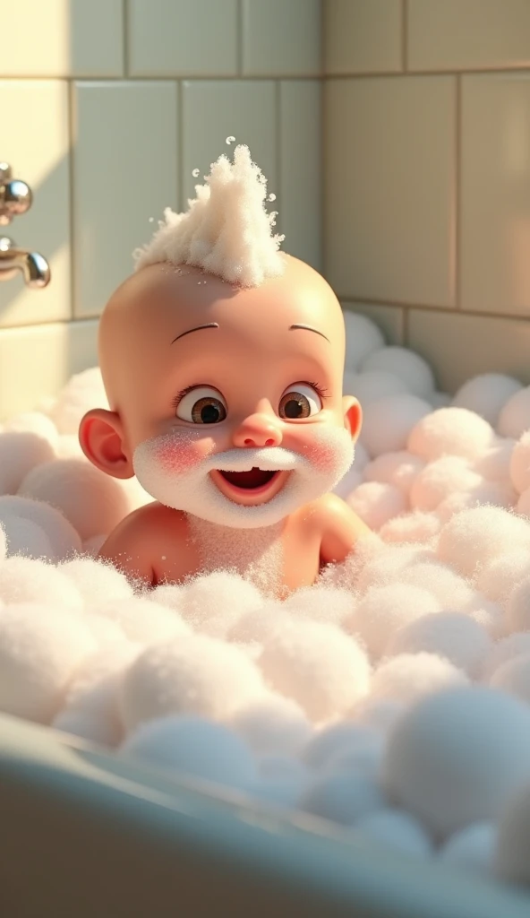 pixar style, baby in bathtub, huge amounts of foam and soap bubbles, plays in bathtub, made beard and mustache out of bath foam, made mohawk hairstyle out of foam