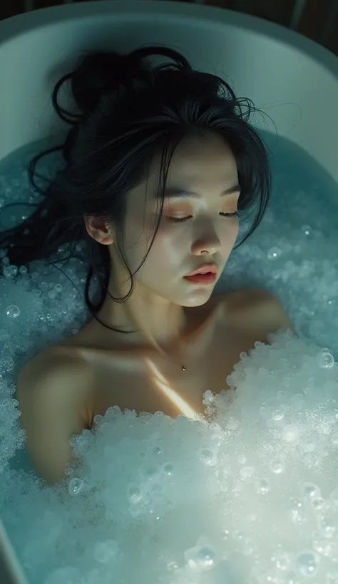 professional photography, realistic, wong kar-wai, shot from top down photo of asian woman lying in the bathtub, she has long me...