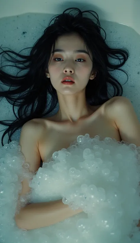 professional photography, realistic, wong kar-wai, shot from top down photo of asian woman lying in the bathtub, she has long me...