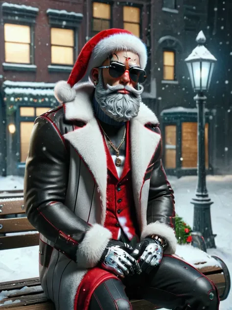 ral-santa, gangster santa, santa sitting on a bench in a snowy city, cool interpretation