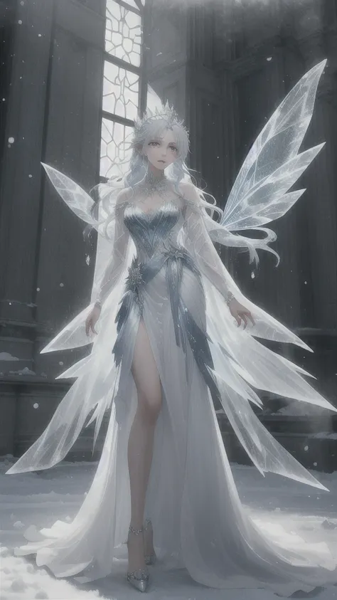 the ice queen in the cold wind, her posture is tall and elegant, as if she were a fairy born from the ice and snow. her long hai...