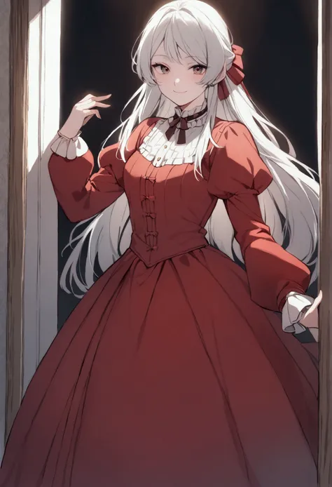 Young woman red dress russian of the 1800s, smile creepy and long and white hair 