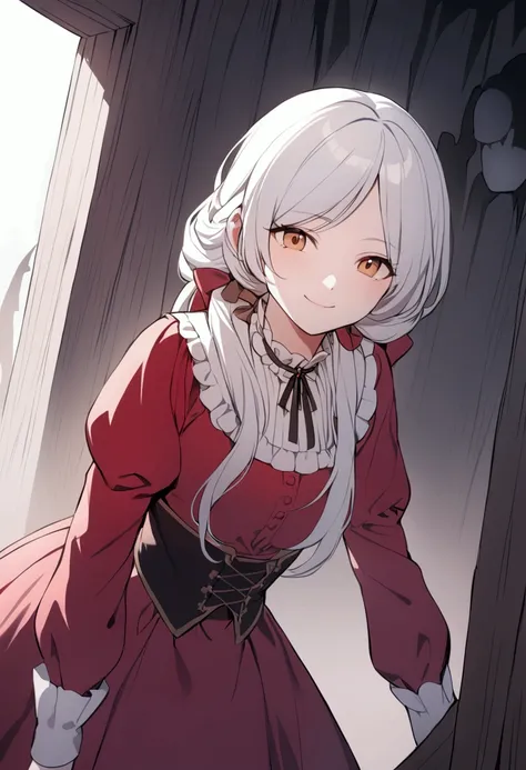 Young woman red dress russian of the 1800s, smile creepy and long and white hair 