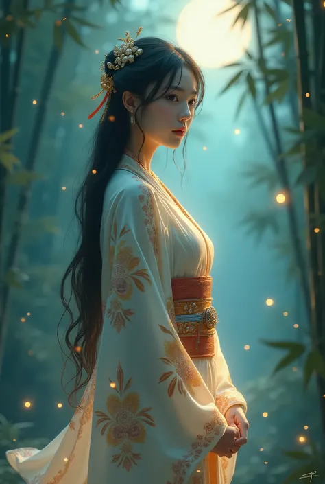 An enchanting capture of Princess Kaguya, standing gracefully under the soft glow of the moonlight in a serene bamboo forest. Her delicate, flowing sleek kimono shimmers with colourful and flower patterns with bright golden tones lines, reflecting the soft...