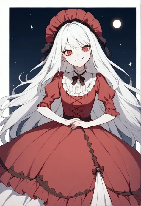 Young woman red dress russian of the 1800s long and white hair and creepy smile 