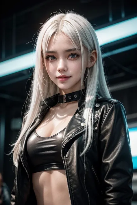 Using the reference image, You can create a cyberpunk style girl with white hair (long loose and straight)
black leather clothing (jacket), Thin and athletic. With a face similar to that of @Yuna1_27 with a smile and make your eyes (iris) yellow Lift and m...