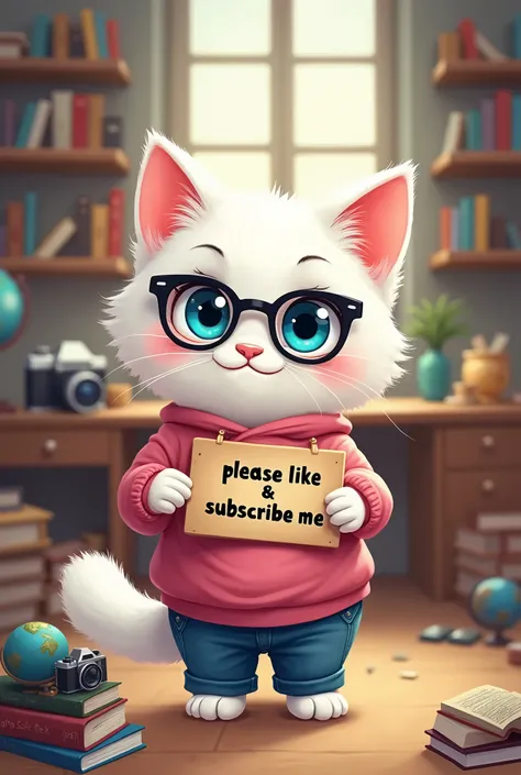 The image is a digital illustration of a white cat with blue eyes and glasses. The cat is standing in a room with bookshelves and a desk in the background. It is holding a sign that reads "Please like &  subscribe me" in black letters and is wearing a pink...