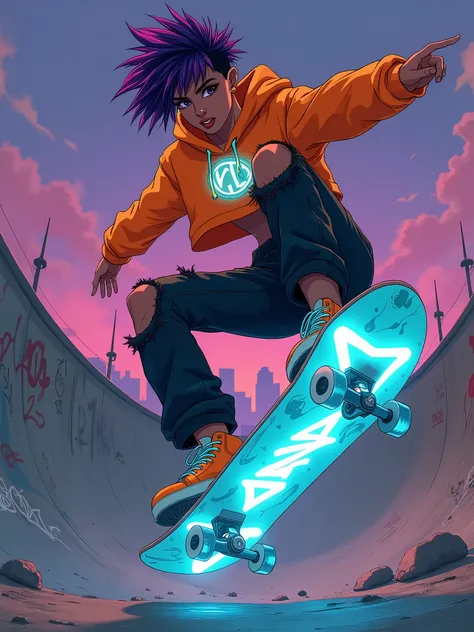 IMG_7291.CR2: Design a Brazilian skateboarder character inime art-style inspired by Tony Hawk’s Pro Skater and the iconic visuals of PlayStation games from the late 90s. The character is a teenage girl, , with a sleek athletic build, light brown skin, and ...