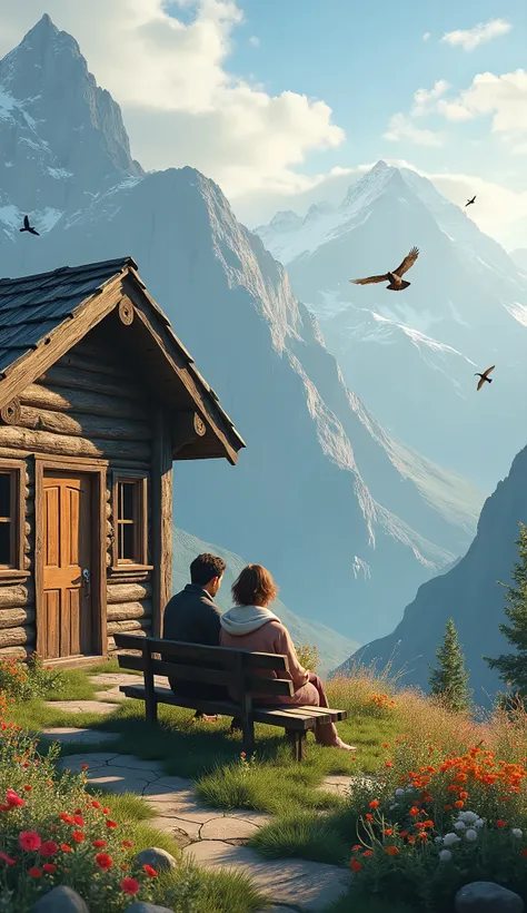 "A beautiful rustic wooden cabin perched high on a mountain. A couple is sitting outside on a wooden bench, surrounded by vibrant flowers blooming near the cabin. Birds are flying around or perched nearby, adding life to the serene mountain atmosphere. The...