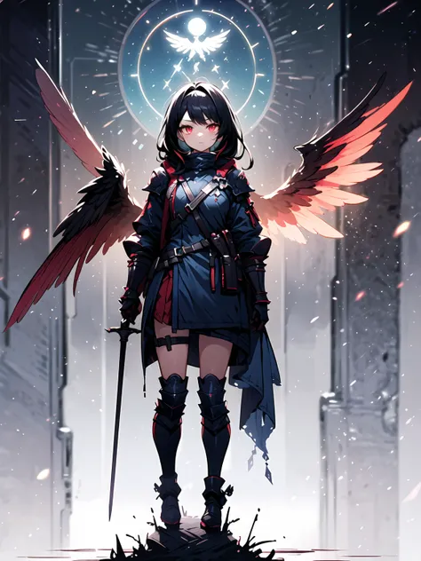 (((masterpiece, best quality, high detailed, 16k))) (1girl) A fierce and determined angel with long black hair and glowing red eyes. She wears dark, battle-worn armor, her wings torn but still radiating a dark celestial energy. She wields a sword that burn...