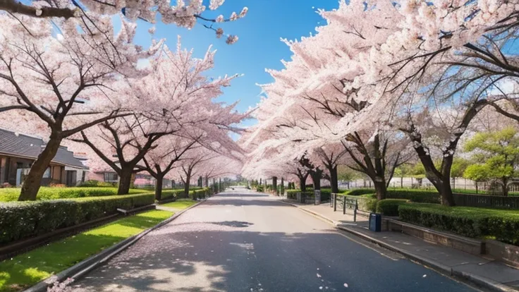 cherry blossom、cherry blossoms in full bloom、sunlight filtering through the trees、lush green park、blue sky、soft light、realistic、...