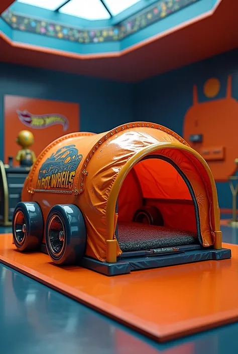 a hot wheels style camping tent, Inside a room , vivid colors, hot wheels, 4K, ultrarealismo