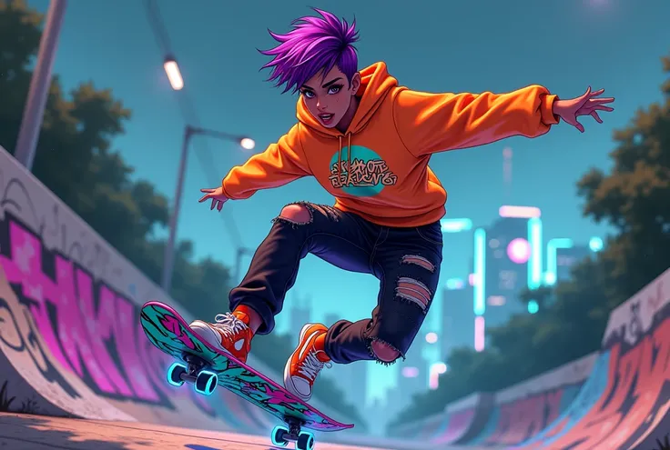 IMG_7291.CR2: Design a Brazilian skateboarder character in an anime art-style inspired by Tony Hawk’s Pro Skater and the iconic visuals of PlayStation games from the late 90s. The character is a teenage girl, , with a sleek athletic build, light brown skin...