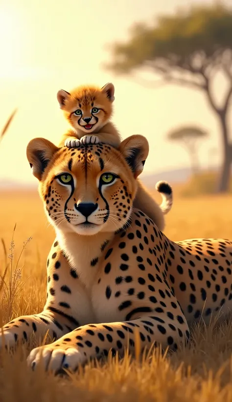 Imagine an ultra-realistic scene featuring a majestic cheetah resting comfortably on the ground, its sleek body sprawled out on a patch of soft grass in the sunlit savannah. The cheetah’s striking golden coat is adorned with distinctive black spots, each d...