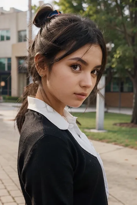 girl, solo, looking at viewer, black hair, hair ornament, brown eyes, outdoors, hair bun, lips, realistic, uniform, nose, school