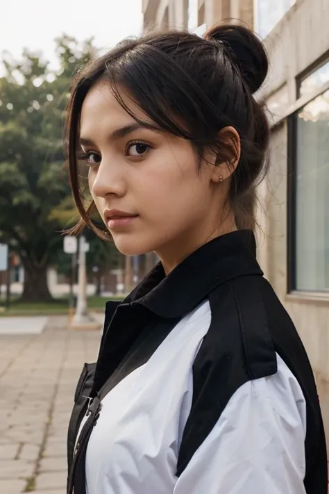 girl, solo, looking at viewer, black hair, hair ornament, brown eyes, outdoors, hair bun, lips, realistic, uniform, nose, school