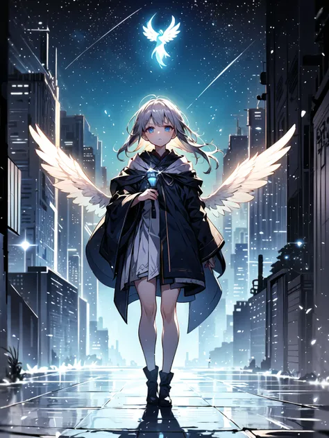 (((masterpiece, best quality, high detailed, 16k))) (1girl) A gentle angel with flowing silver hair and soft blue eyes, her robes light and flowing like the wind. Her wings sparkle with silver and blue light, and she holds a glowing lantern that illuminate...