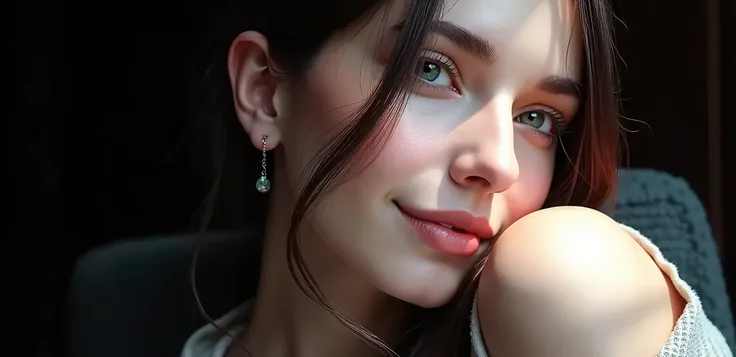 (photorealism : 1.2), visage , lovely woman, long straight brown hair, green eyes, le regard fix vers la camera, inside, day lighting  , visage avec un sourir, Italian type, Realistic and intricate details , warm colors, 