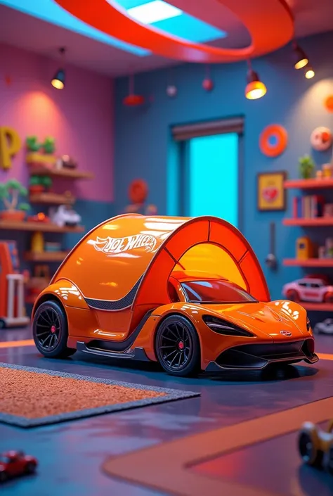 a hot wheels style camping tent, within a room of  , vivid colors, many colors,  hot wheels, 4K, ultrarealismo, Lots of lighting