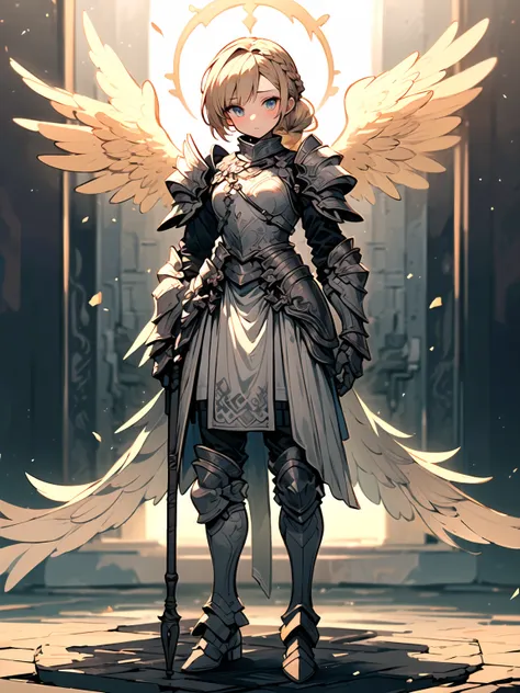 (((masterpiece, best quality, high detailed, 16k))) (1girl) A strong and noble angel with long blonde hair tied in a braid, her eyes glowing with justice. She wears heavy silver armor adorned with the scales of judgment and carries a large golden staff. He...