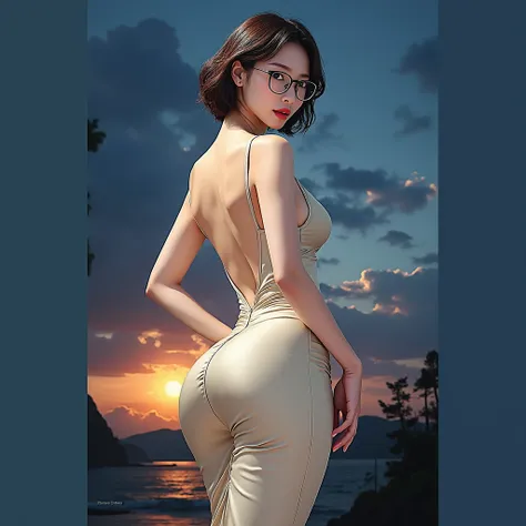 Asian Woman, view from behind, short brown hair, wearing tight mini dress, satin midi dress, wet dress, sunset background, woman standing, round ass, ass crack visible, hands on waist, body parts well developed, spectacle on eyes, breast well developed, lo...