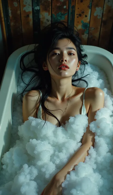 professional photography, sfw, realistic, wong kar-wai, retro, indoor, shot from top down photo of asian woman lying in the bath...