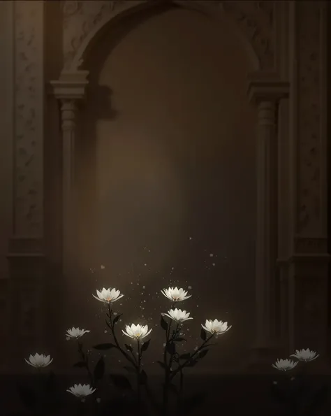 there are many white flowers in a vase on a table, concept art inspired by Abdur Rahman Chughtai, shutterstock contest winner, digital art, background depicting a temple, temple background, atmospheric beautiful details, zen temple background, interior bac...