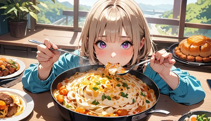 (masterpiece, highest quality:1.2), 8k, 1, 85mm, teen,Eat with relish,A delicious looking expression. Fill your mouth with a spoon.,Various dishes,A mountain of food,Cooking in front of her,Eating food,Delicious looking food,The food shines