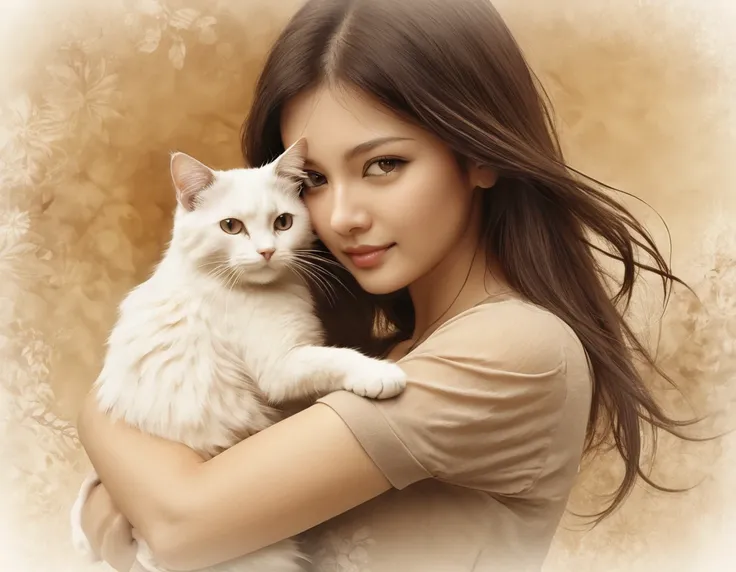 Sepia, cat clinging to owners arm, delicate and dynamic textures, digital graphic CG, BREAK ultra detailed, absolutely resolution, best quality