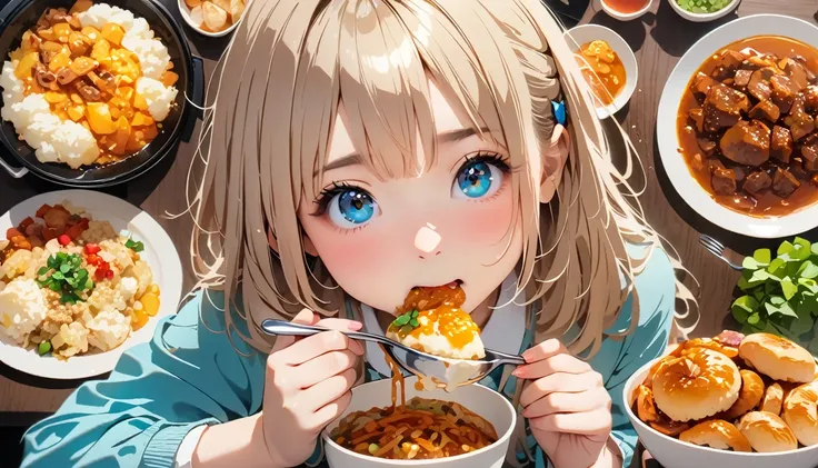 (masterpiece, highest quality:1.2), 8k, 1, 85mm, teen,Eat with relish,A delicious looking expression. Fill your mouth with a spoon.,Various dishes,A mountain of food,Cooking in front of her,Eating food,Delicious looking food,The food shines