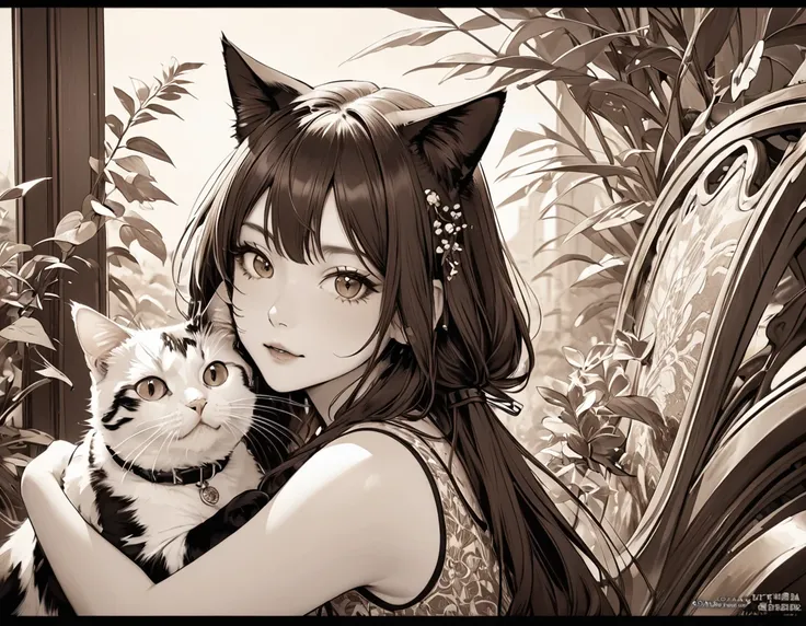 Sepia, cat clinging to owners arm, delicate and dynamic textures, digital graphic CG, BREAK ultra detailed, absolutely resolution, best quality