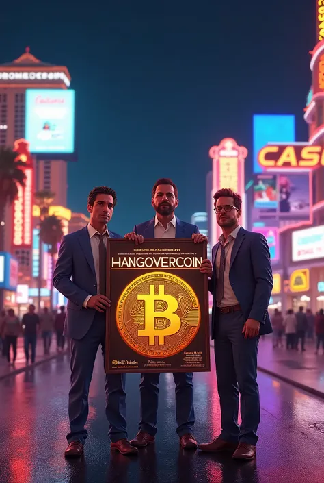 Here is a detailed description for a fictional movie poster for "The Hangover" mit dem title "Hangovercoin":

### title: Hangovercoin background:
The poster shows a vibrant and colorful depiction of the Las Vegas Strip at night. The neon lights flash and r...