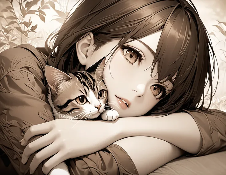 Sepia, cat clinging to owners arm, delicate and dynamic textures, digital graphic CG, BREAK ultra detailed, absolutely resolution, best quality