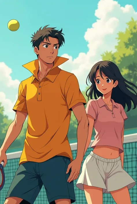 Anime Man wearing a Massive Popped Collar Polo facing his back to the audience while playing tennis with his girlfriend 