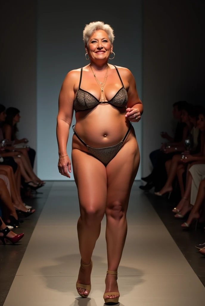 Mature Latina woman 65 years old in thong and high heel sandals big tits thick XXL size modeling on fashion stage.