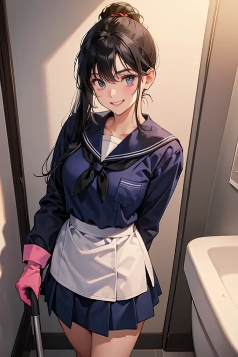 A high school girl with her black hair tied up and wearing a long-sleeved navy blue sailor uniform is wearing long pink rubber gloves and cleaning a dirty school toilet with a smile.