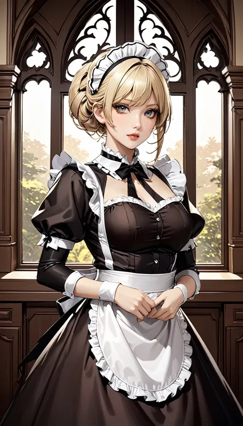 Sepia, beautiful maid, elegance, dignity, amorous and lewd expression, blonde glossy silky updo, captivating eyes, make up, wearing gothic maid outfit, background window of a Western-style mansion, BREAK delicate and dynamic textures, digital graphic CG, B...