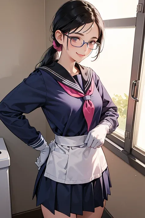 A high school girl with glasses and black hair tied up in a long-sleeved, long-skirted, navy blue sailor uniform is wearing long pink rubber gloves and cleaning a dirty school toilet with a smile