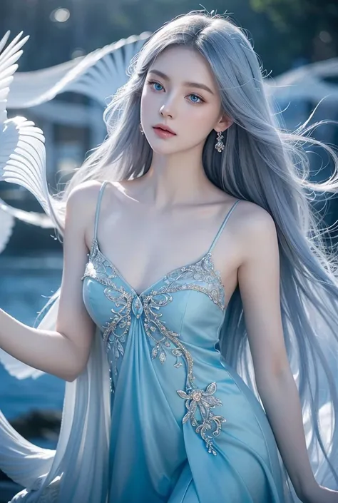 a gorgeous demigoddess, ethereal beauty, long flowing hair, piercing blue eyes, delicate facial features, flawless porcelain skin, elegant flowing dress, graceful pose, serene expression, divine radiance, angelic aura, intricate ornate jewelry, fantasy lan...