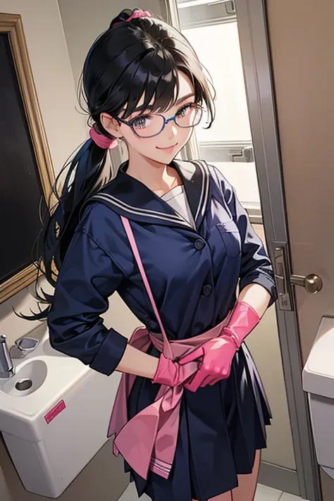 A high school girl with glasses and black hair tied up in a long-sleeved, long-skirted, navy blue sailor uniform is wearing long pink rubber gloves and cleaning a dirty school toilet with a smile