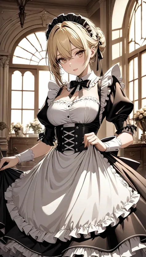 Sepia, beautiful maid, elegance, dignity, amorous and lewd expression, blonde glossy silky updo, captivating eyes, make up, wearing gothic maid outfit, background window of a Western-style mansion, BREAK delicate and dynamic textures, digital graphic CG, B...