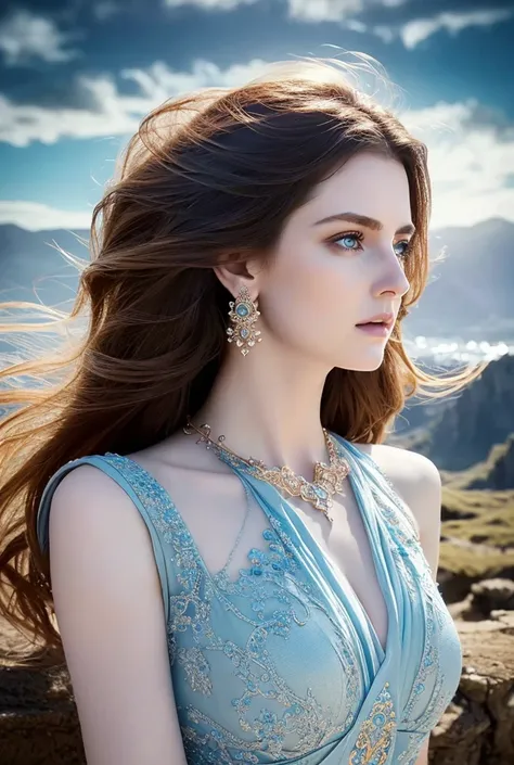 a gorgeous demigoddess, ethereal beauty, long flowing hair, piercing blue eyes, delicate facial features, flawless porcelain skin, elegant flowing dress, graceful pose, serene expression, divine radiance, angelic aura, intricate ornate jewelry, fantasy lan...