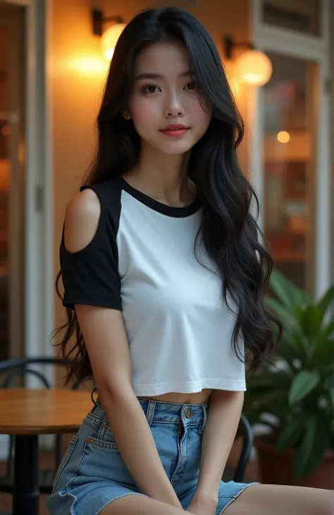 pretty asian woman is posing at cafe s garden, she is black long straight hair (+forehead, earrings), wearing white and black short sleeves crop  t-shirt (+cold shoulders t-shirt), light-blue denim pencil mini skirt, BREAK, (1girl, solo, full body), (best ...