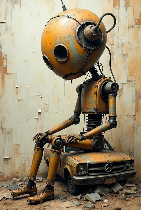 Abstract art created through collage, torn paper and geometric shapes. , The story of a spherical robot with a spring as a part of its body, old, rusty, rotten, with broken parts separated from its body, sitting on an old car wreck, feeling hopeless and ho...